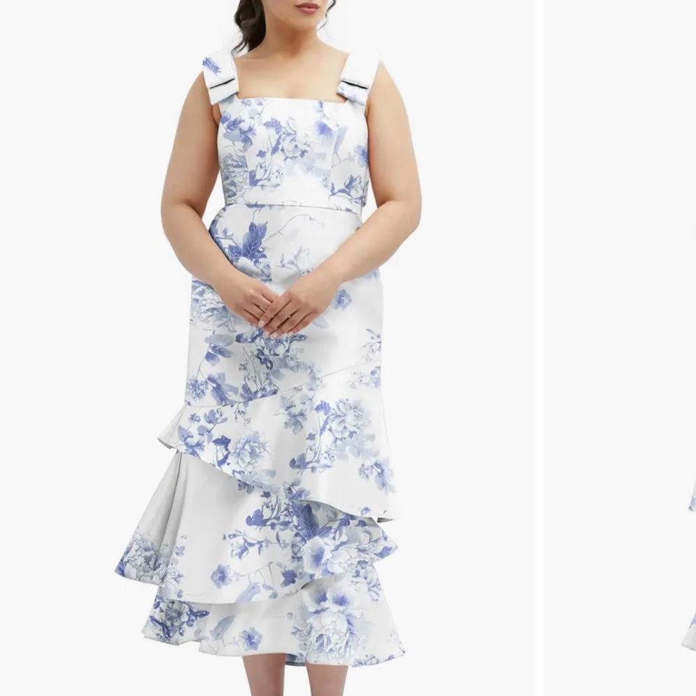 dessy collection Floral Print Ruffle Sleeveless Satin Midi Dress, size 14 1641
